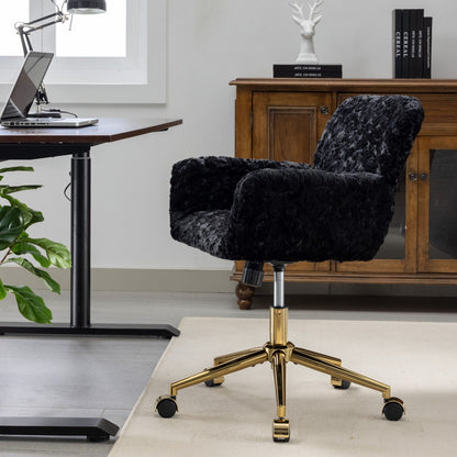Office Chair, Artificial Rabbit Hair Home Office Chair With Golden Metal Base, Adjustable Desk Chair Swivel Office Chair, Vanity Chair - Black