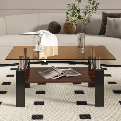 Modern Rectangular Coffee Table With Tempered Brown Glass Top And Layer Table For Living Room - Brown / Black