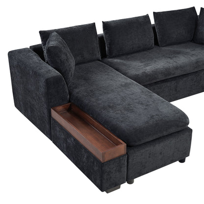 Modern L Shaped Sectional Sofa With Chenille Upholstery And Wooden Storage - Black
