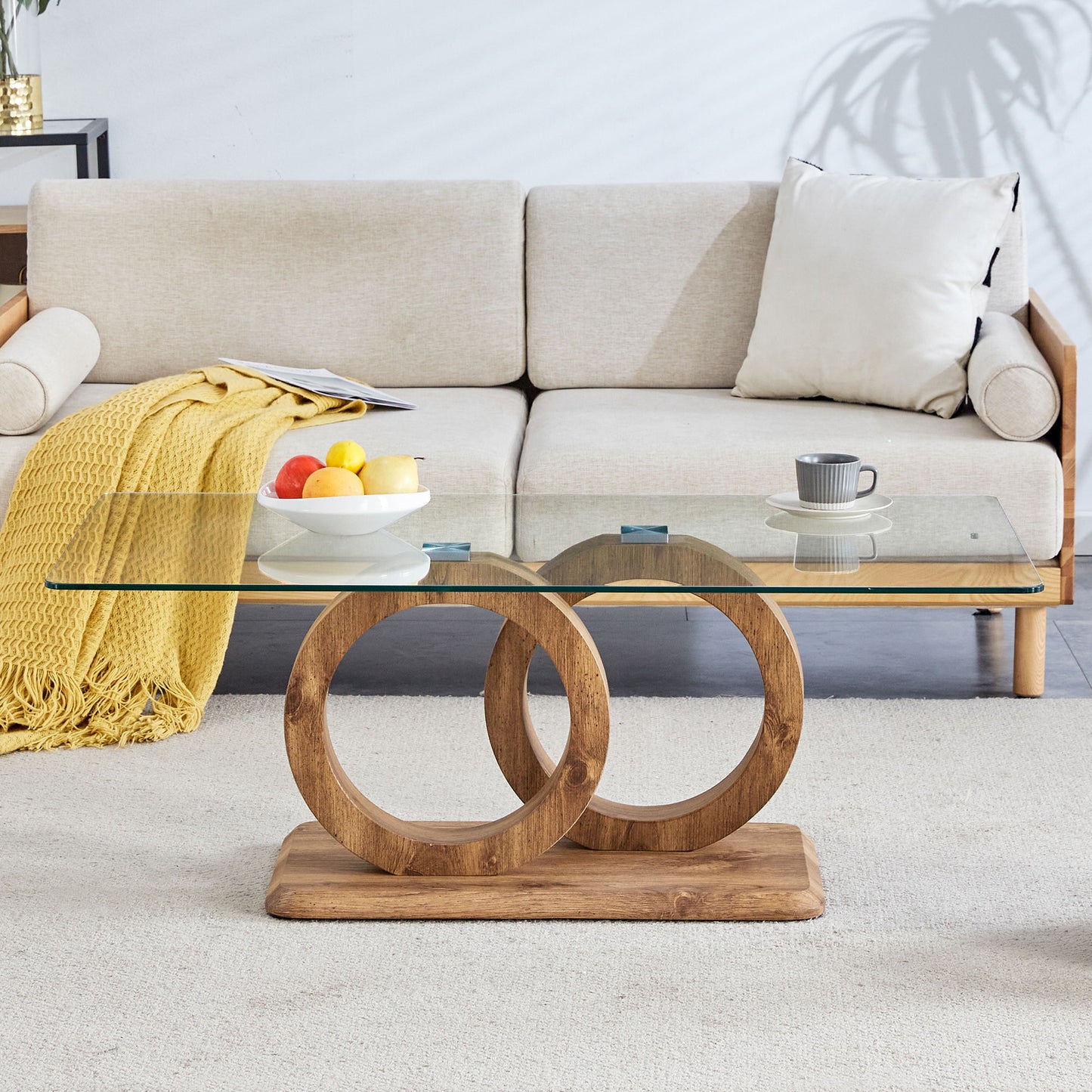 Modern Style Glass Top Coffee Table With Base Suitable For Living Rooms And Lounge Areas - Natural Wood