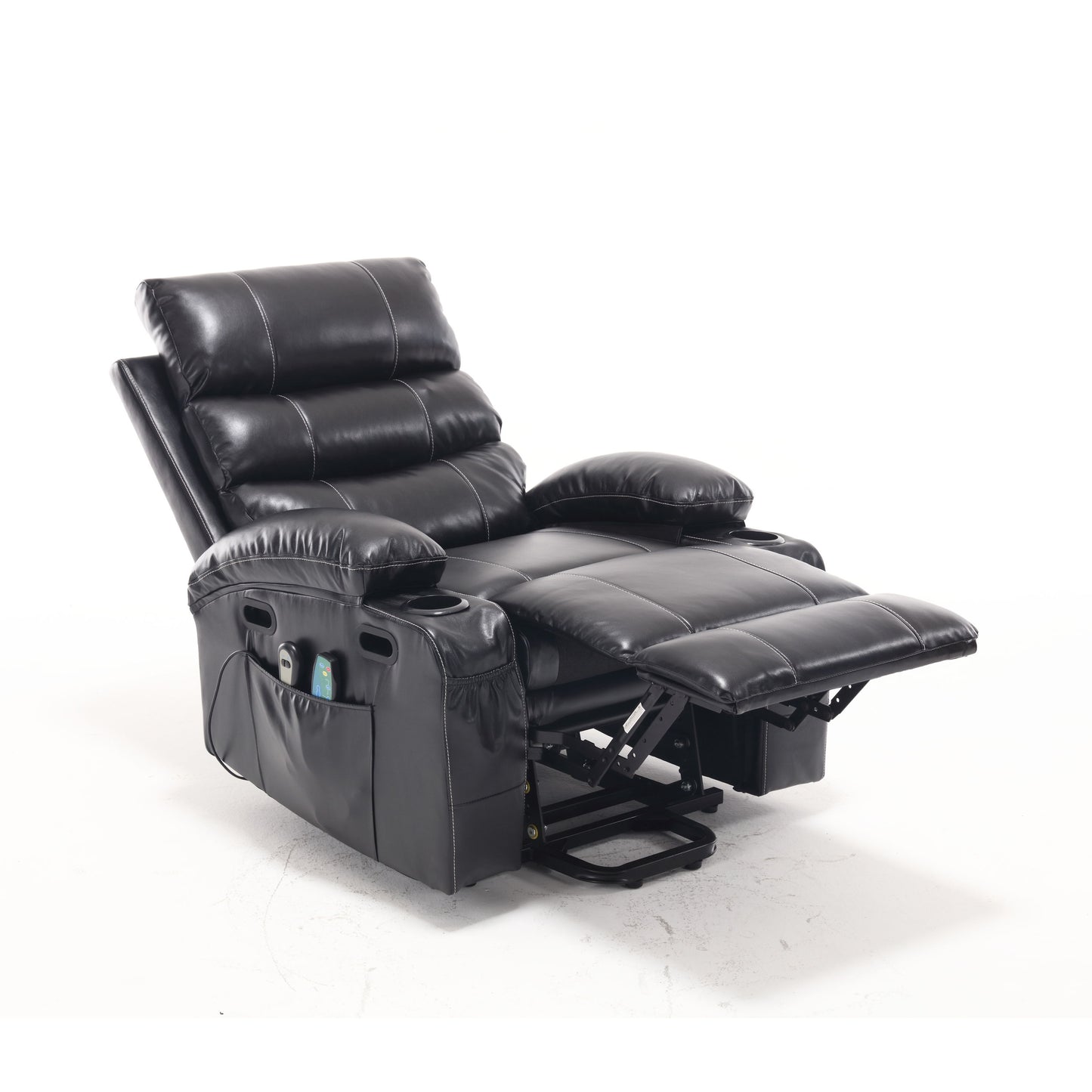 Large Size Electric Power Lift Recliner Chair Sofa, 8 Point Vibration Massage And Lumber Heat, Remote Control, Side Pockets And Cup Holders - Black