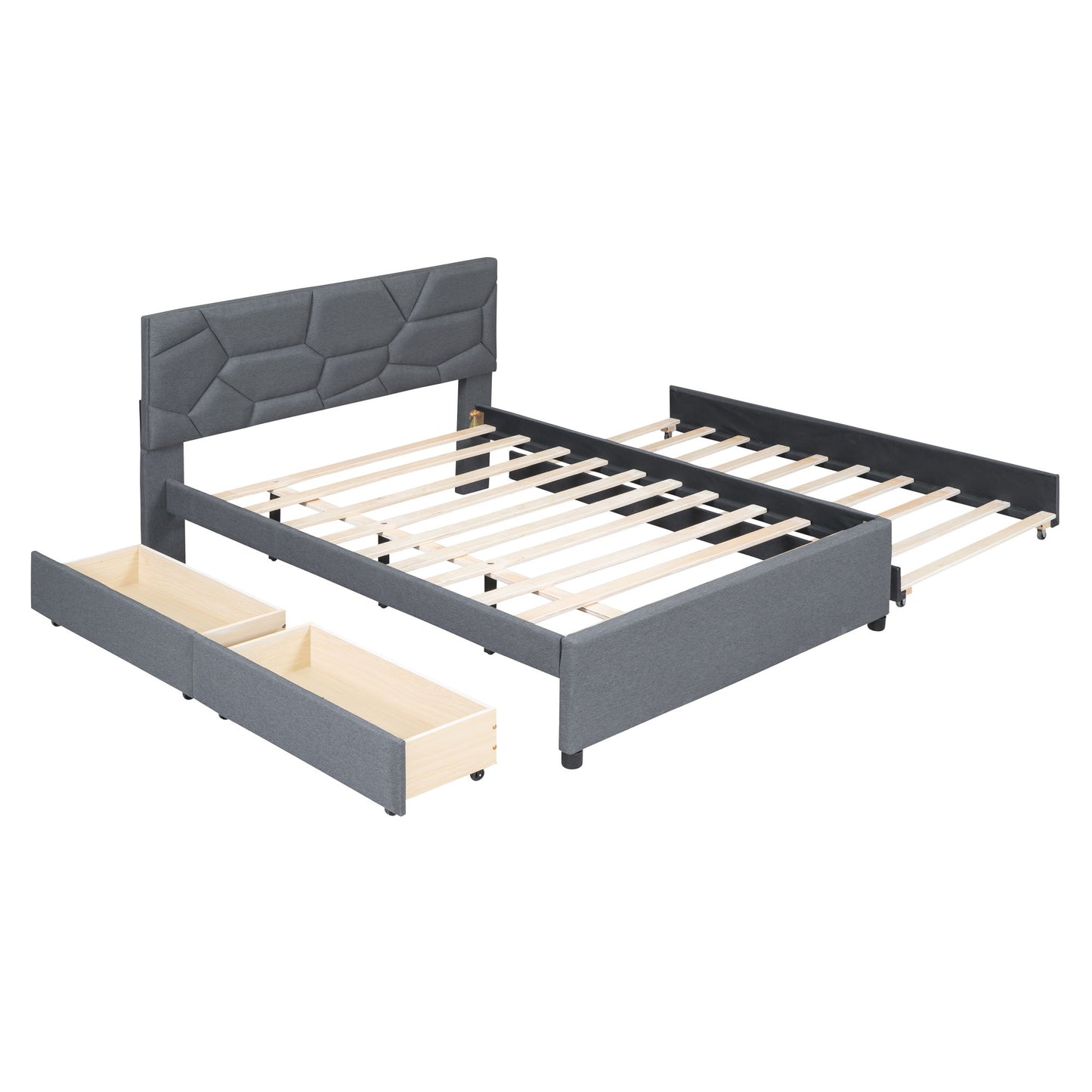 Full Size Upholstered Platform Bed With Brick Pattern Headboard, With Twin Size Trundle And 2 Drawers - Gray
