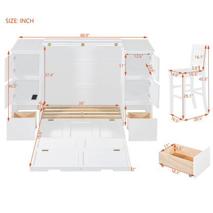 Twin Size Murphy Bed With Drawers, Cabinets, And USB Ports - White