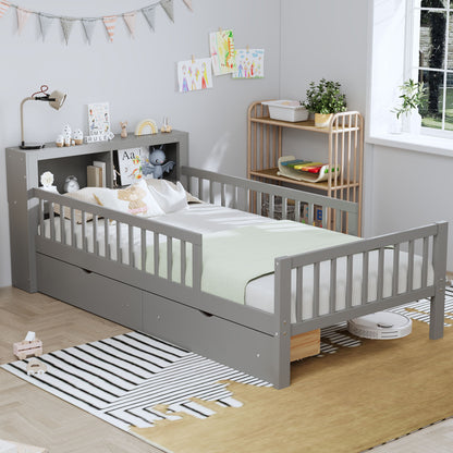 Twin Size Bed With Headboard Storage Rack, 2 Under Bed Drawers, 3 - Side Guardrails For Safety And Security - Gray