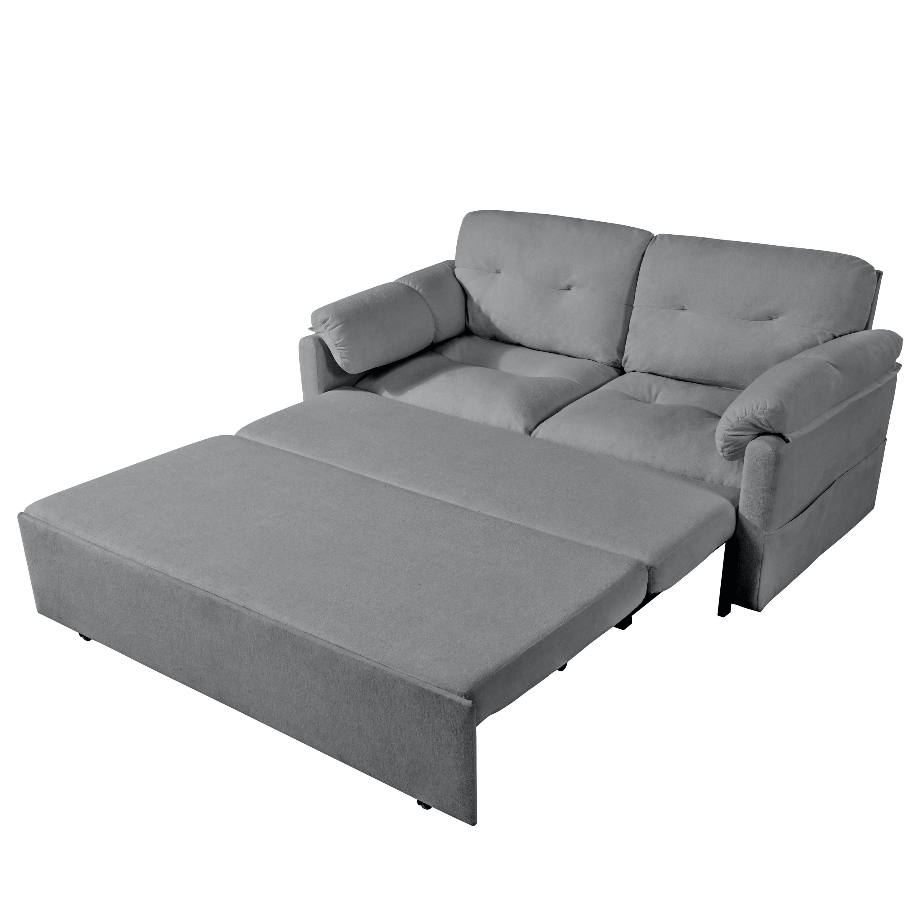 Modern Convertible Sleeper Sofa Bed With Pull Out Queen Design, Side Storage & Thick Cushions Chenille Loveseat For Living Room Or Bedroom 3 In 1 Function - Gray