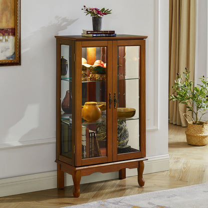 Curio Cabinet Lighted Curio Diapaly Cabinet With Adjustable Shelves And Mirrored Back Panel, Tempered Glass Doors (3 Tier), (E26 Light Bulb Not Included) - Oak