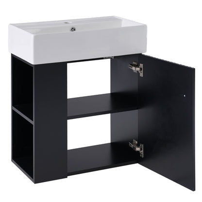 Modern Floating Bathroom Vanity With Ceramic Basin, Perfect For Small Bathrooms, Left Side Storage - Black