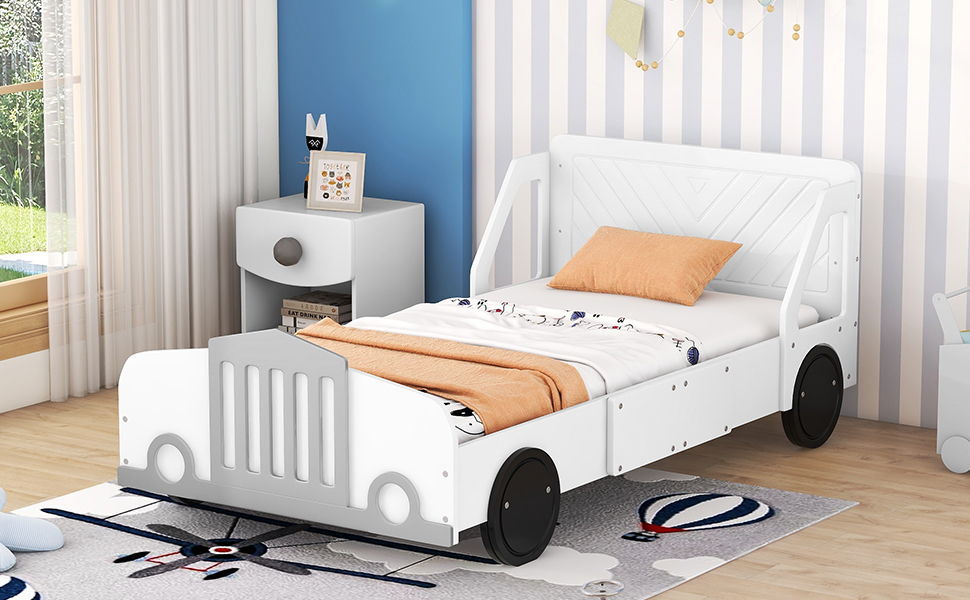 Twin Size Car Shaped Platform Bed With Wheels - White