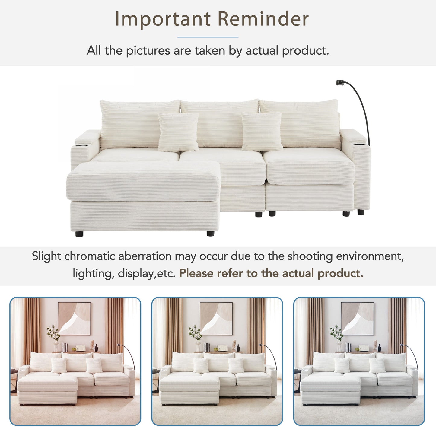Modern Style 3 Seater Sofa Sectional Sofa Couch With Storage Space, A Movable Ottoman, Two USB Ports, Two Cup Holders, A Phone Holder For Living Room - Beige