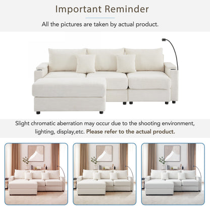 Modern Style 3 Seater Sofa Sectional Sofa Couch With Storage Space, A Movable Ottoman, Two USB Ports, Two Cup Holders, A Phone Holder For Living Room - Beige