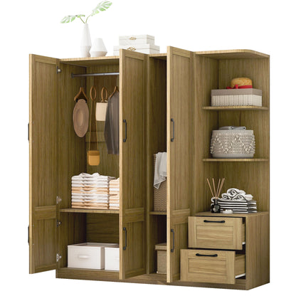 3 Door Storage Wardrobe For Dedroom With Shelves And 2 Drawers, Side Storage Shelves - Nature