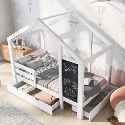 Twin House Bed With Blackboard And Drawers, 2 Assembly Options - White