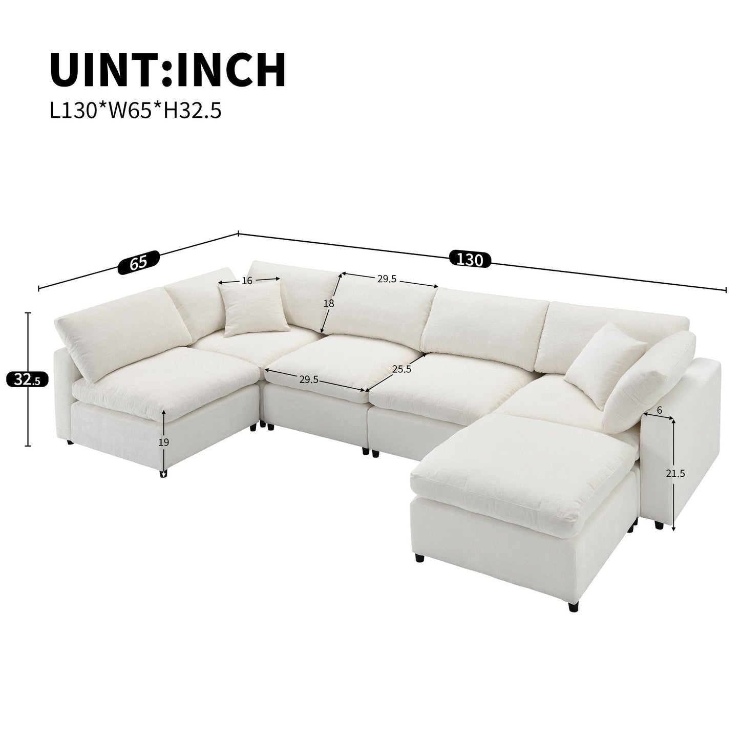 Modern Modular Cloud Sofa Bed, 6 Seat Chenille Sectional Couch Set With Ottoman, Free Combination, Convertible U Shaped Sleeper Sofa - Beige