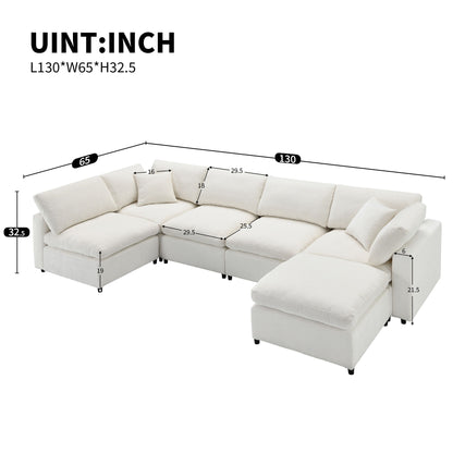 Modern Modular Cloud Sofa Bed, 6 Seat Chenille Sectional Couch Set With Ottoman, Free Combination, Convertible U Shaped Sleeper Sofa - Beige