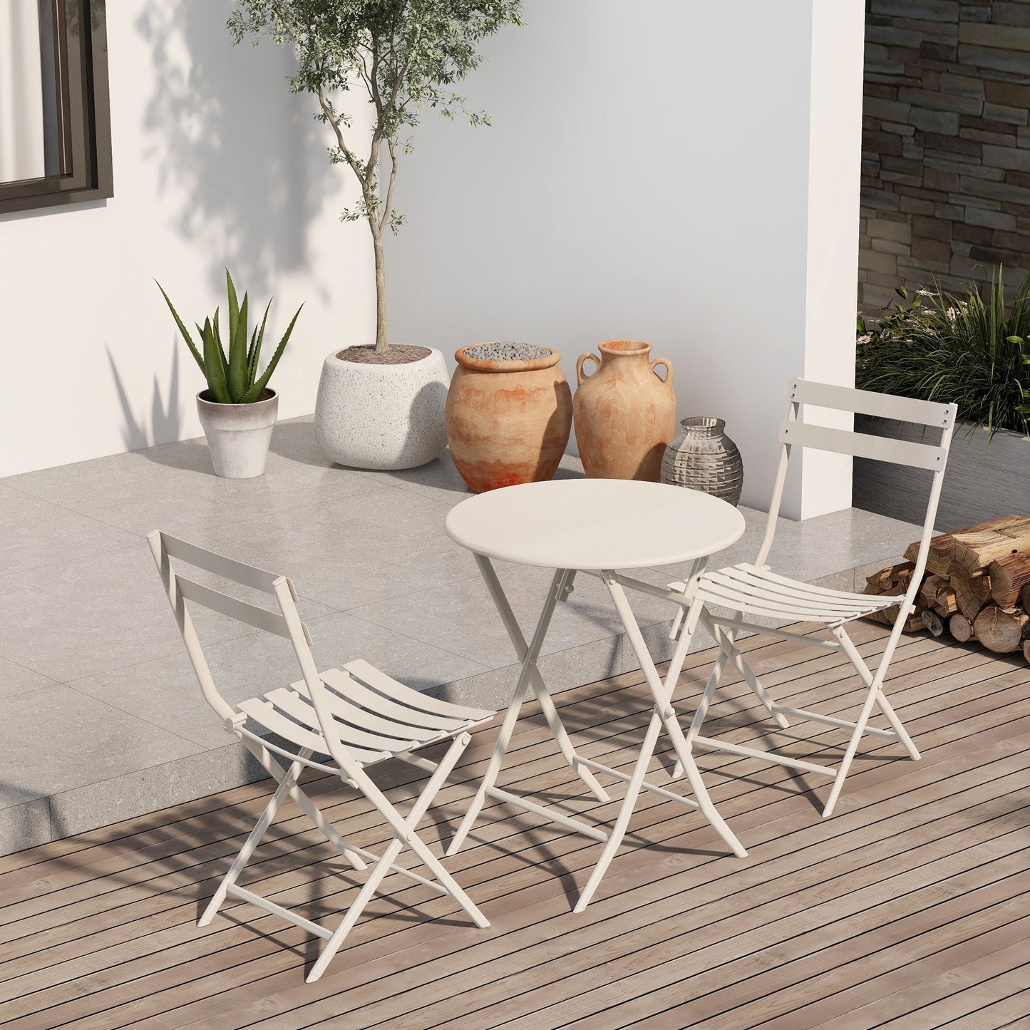 3 Piece Patio Bistro Set Of Foldable Round Table And Chairs - White