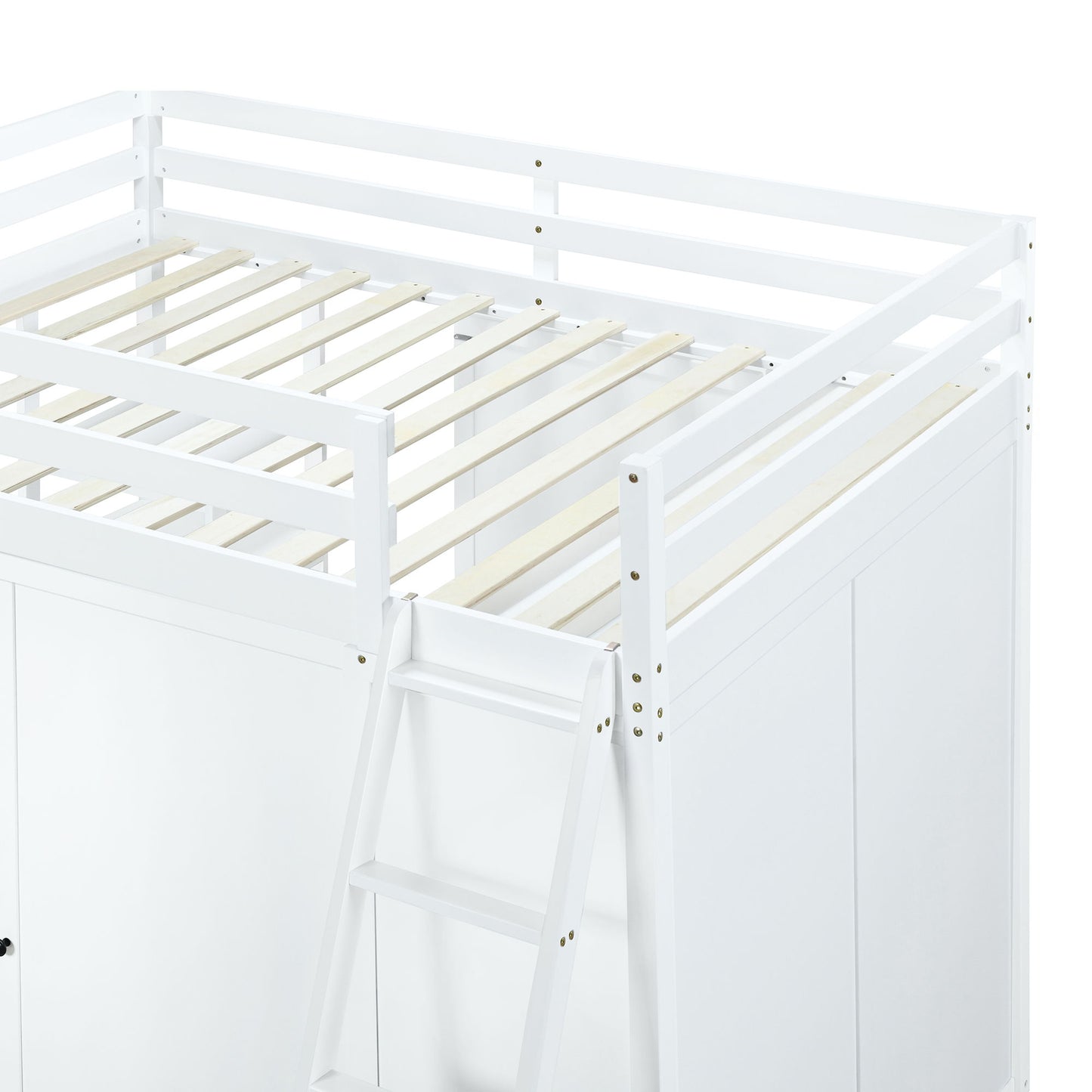 Full Size Loft Bed With Wardrobe And Desk And Shelves - White