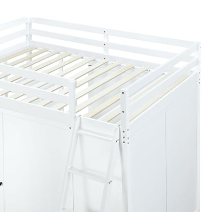 Full Size Loft Bed With Wardrobe And Desk And Shelves - White