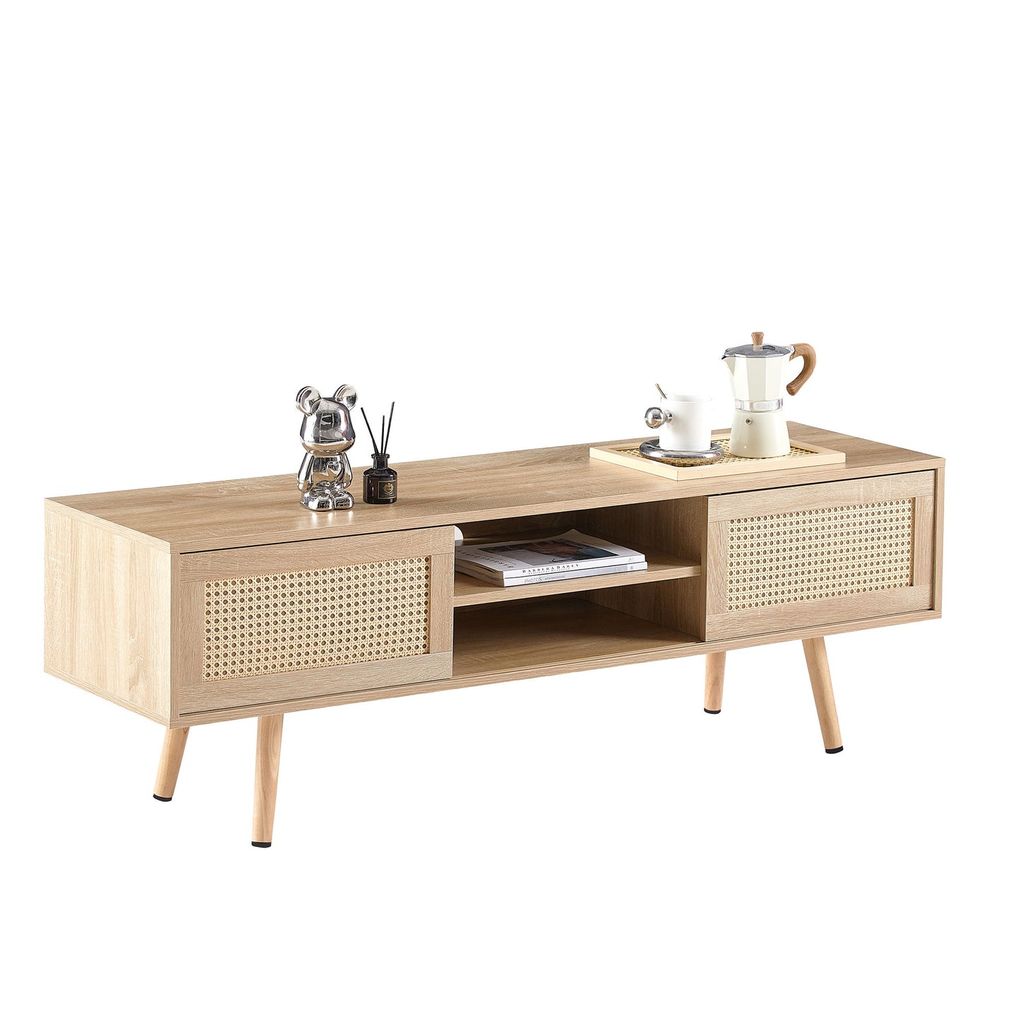 55.12" Rattan TV Cabinet, Double Sliding Doors For Storage, Adjustable Shelf, Solid Wood Legs, TV Console For Living Room - Natural