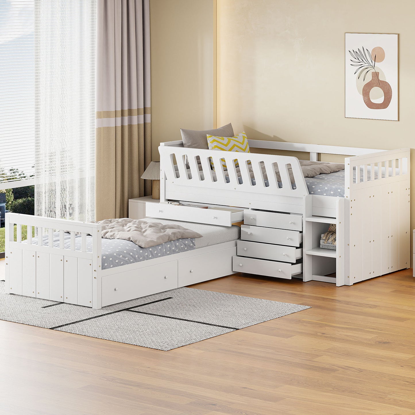 Twin Loft And Platform Bed With 7 Drawers And Full Guardrails, Modern L Shaped Space Savin - White