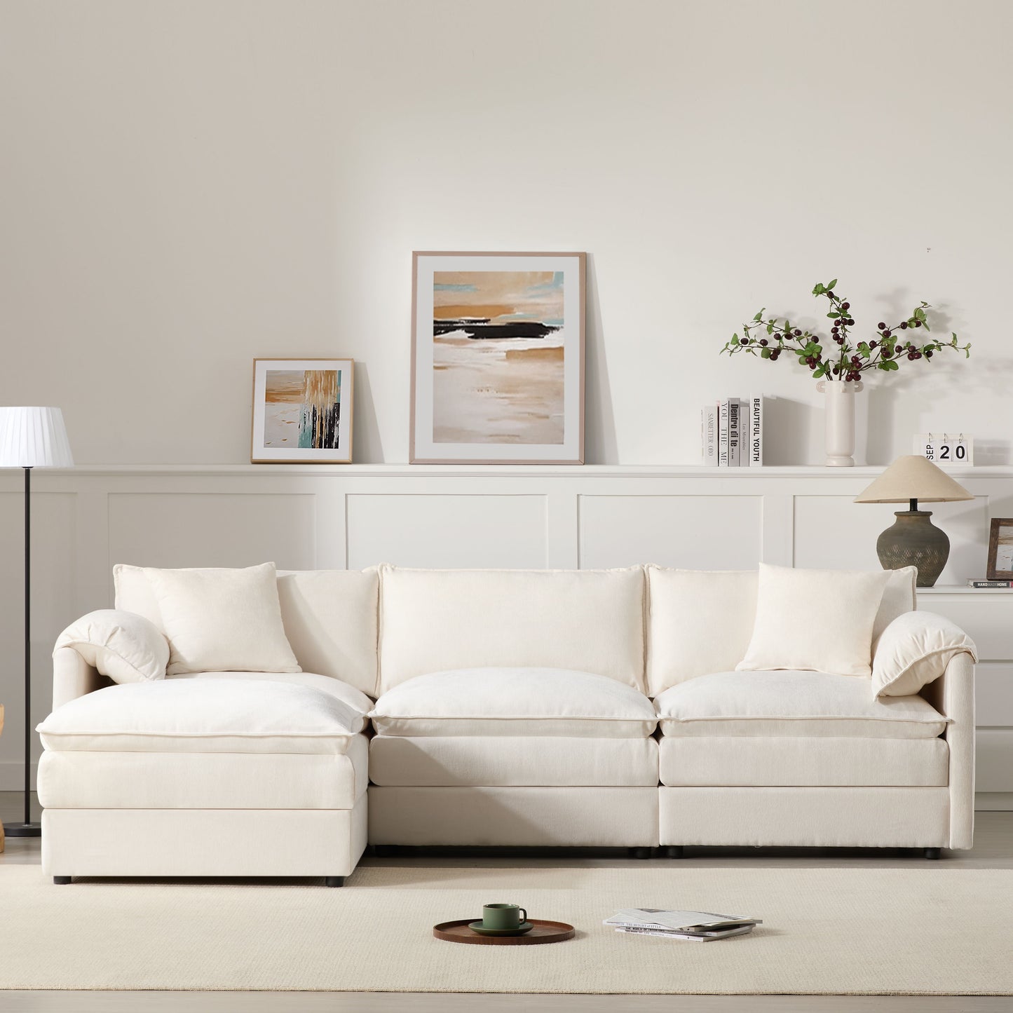 Modular Sectional With Deep And Wide Seat, L Shaped Cloud Couch Set With Double Cushions 4 Seat Sofa With Movable Ottoman Oversized - Cream