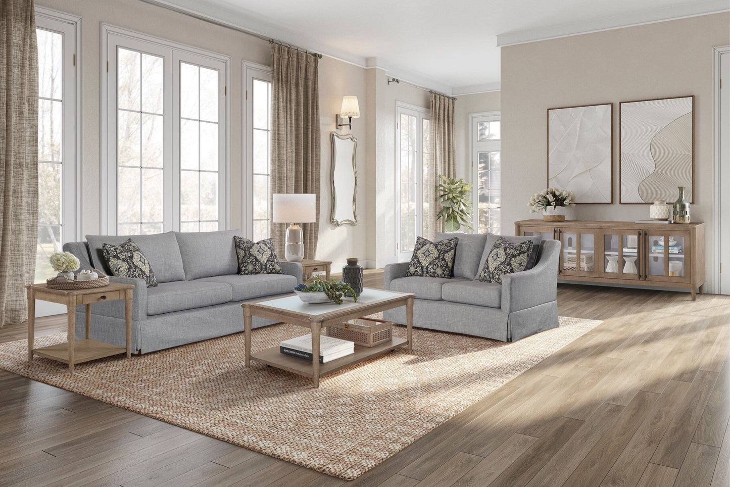 Sofa With Skirt And Reversable Cushions And 2 Pillows - Light Gray