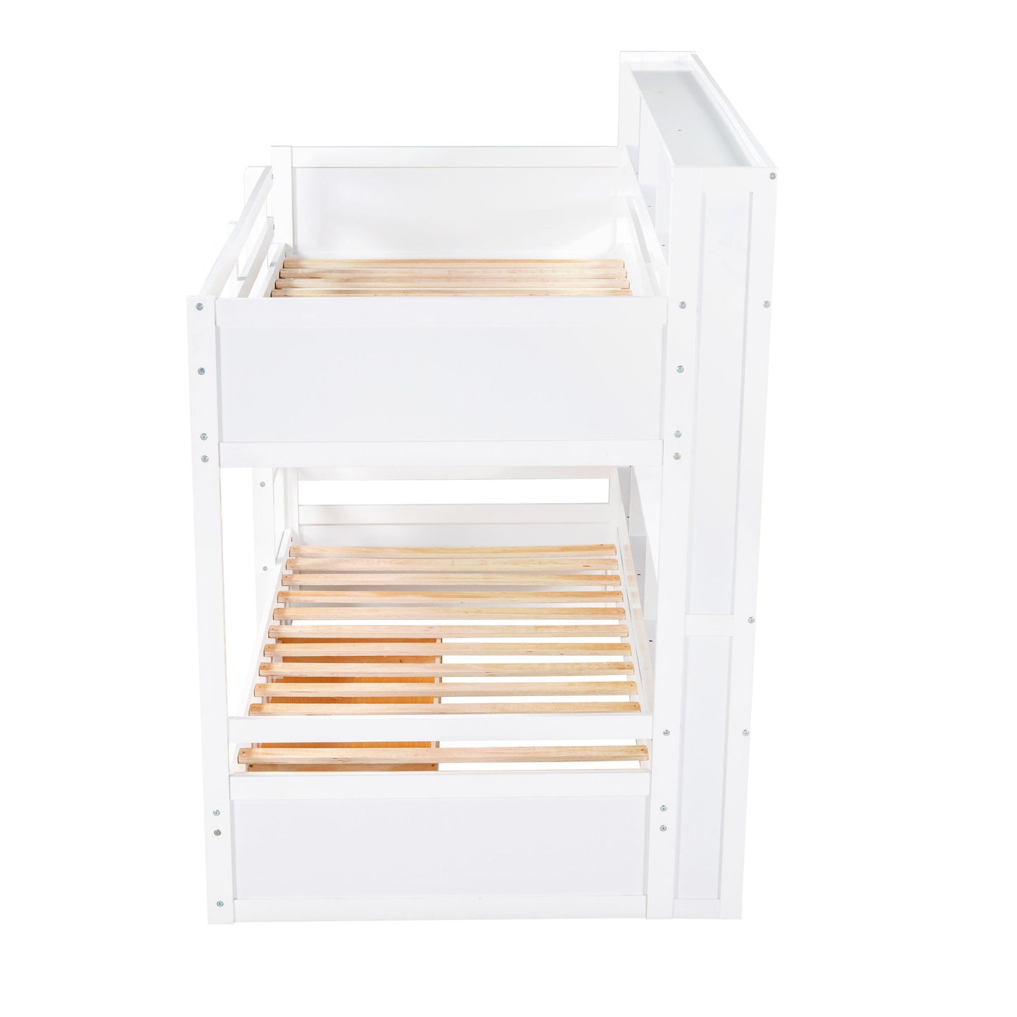 Twin Size Bunk Bed With Built-In Shelves Beside Both Upper And Down Bed And Storage Drawer - White