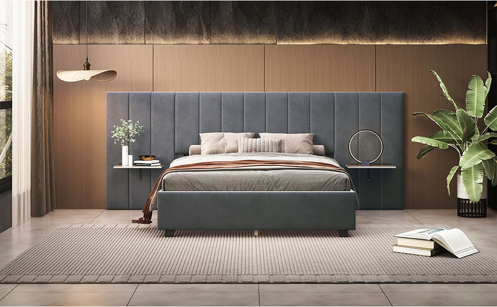 Queen Size Upholstered Platform Bed With Big Headboard - Gray