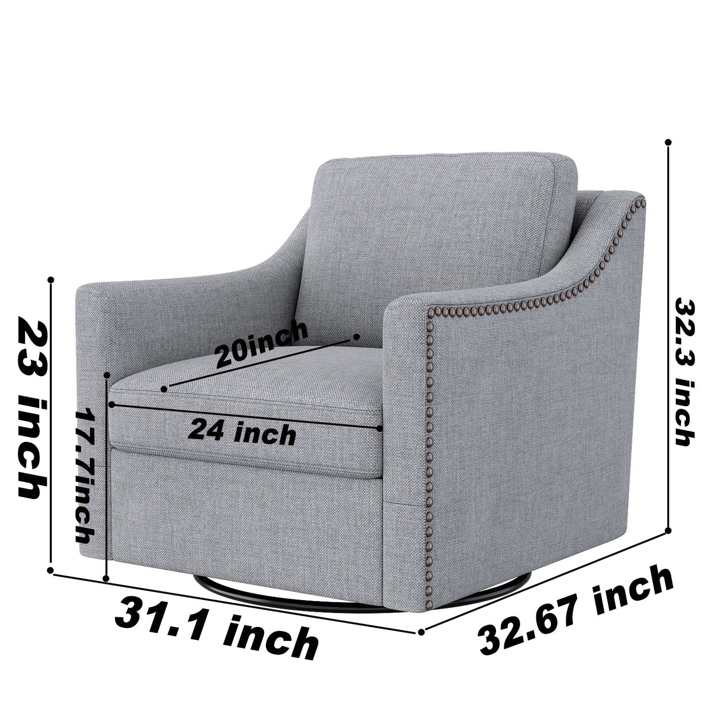 360 Degree Swivel Armchair Cotton Linen Skin - Friendly Fabric Ergonomic Design Brass Nail Decorative Armchair Living Room Chairs Bedroom Chairs Living Room Chairs Black Legs Suitable For Indoor Homes - Gray