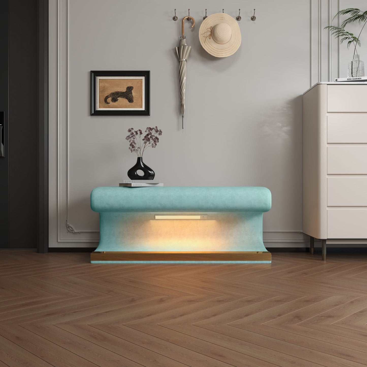 Upholstered Ottoman With LED Sensor Light Ideal For Living Room, End Of Bed - Antique Blue Green