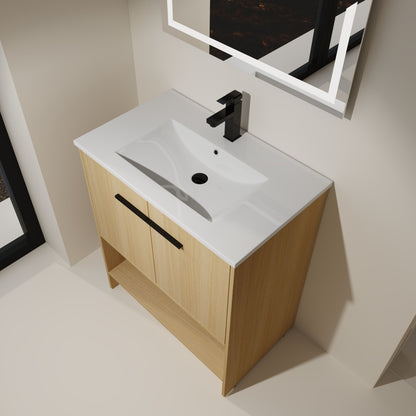 Modern 30" Bathroom Vanity With Ceramic Sink, Freestanding Cabinet, 2 Soft Closing Doors - Oak