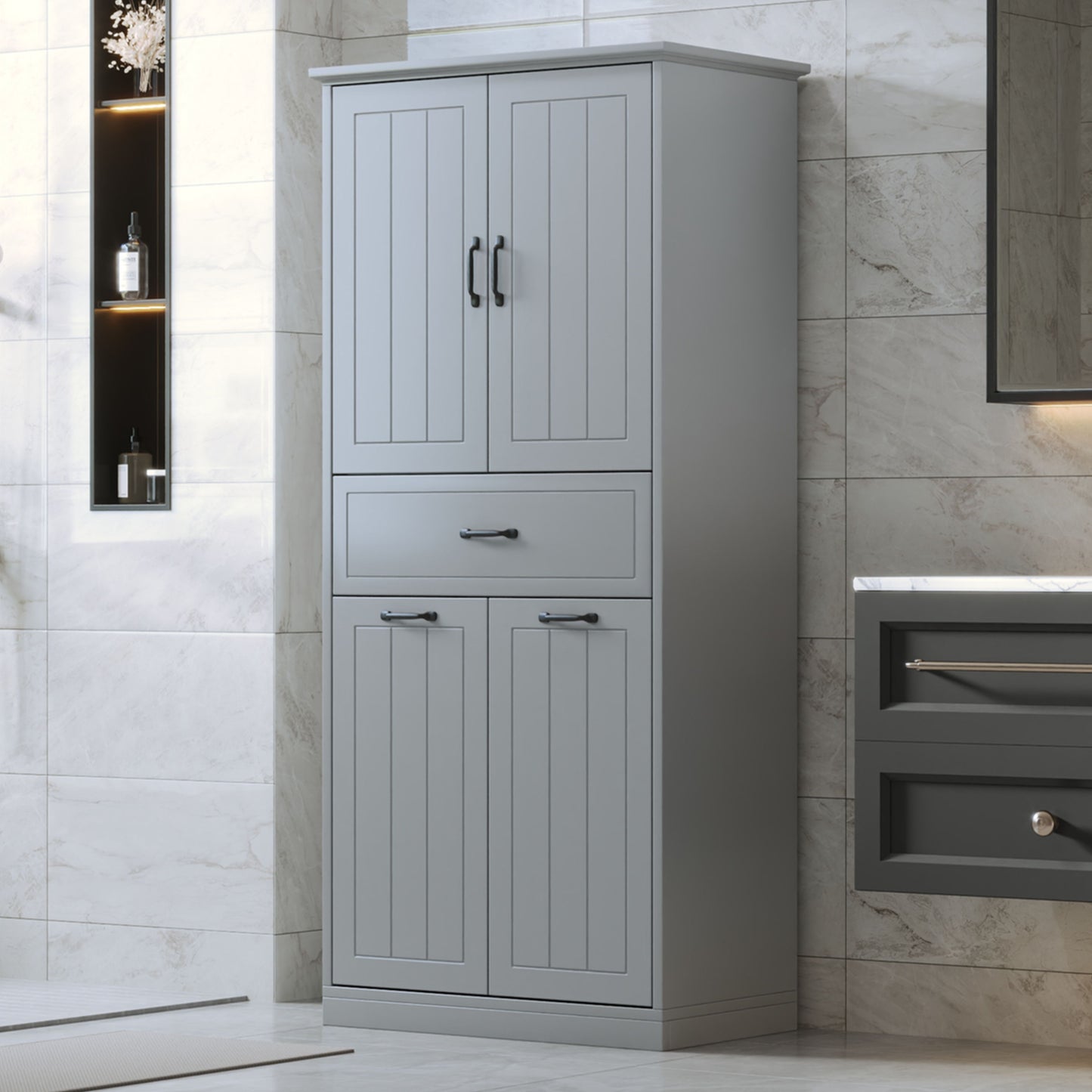 Stylish Bathroom Storage Cabinet With 2 Laundry Baskets - Gray