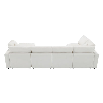 Modern Modular Cloud Sofa Bed, 6 Seat Chenille Sectional Couch Set With Ottoman, Free Combination, Convertible U Shaped Sleeper Sofa - Beige
