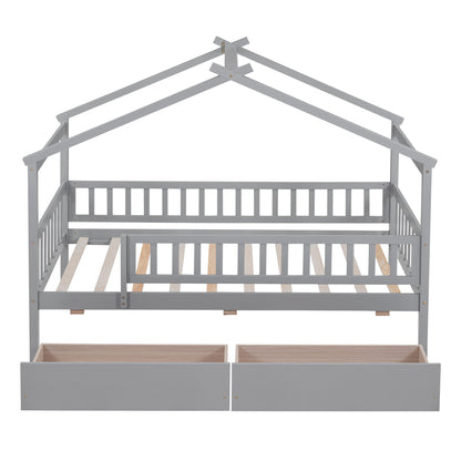 Twin Size House Bed With 2 Drawers - Gray