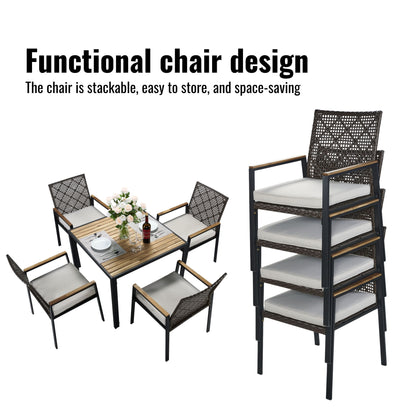 All Weather 5 Piece Patio Dining Table Set, Acacia Wood Table Top With Umbrella Hole, Rattan Outdoor - Coffee Brown