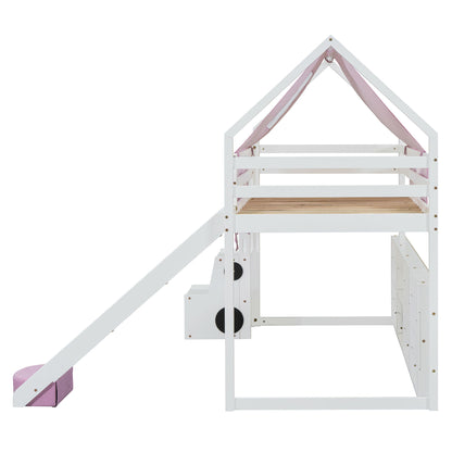 Twin Size Charming House Shaped Loft Bed With Tent And Slide - White / Pink