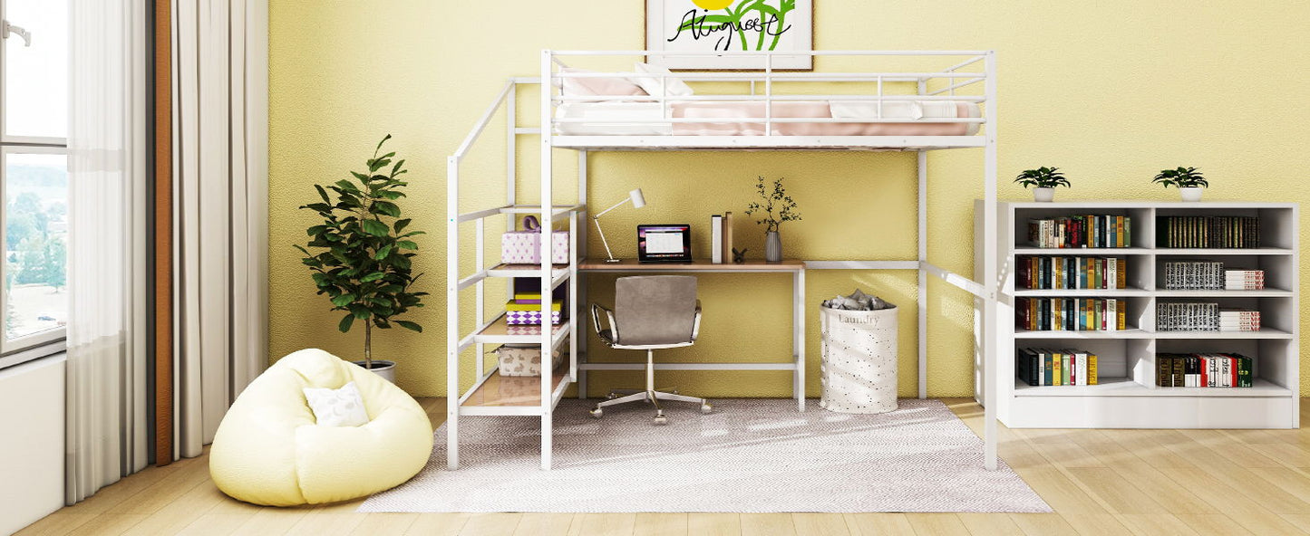 Full Size Loft Bed With Desk And Lateral Storage Ladder - White