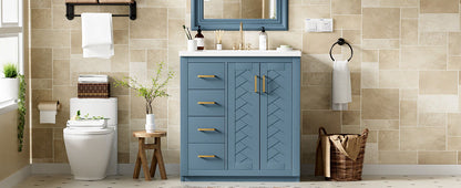 Bathroom Vanity With Ceramic Sink Combo, Frame Bathroom Storage Cabinet, Freestanding Vanity Set With 3 Drawers & Soft Closing Doors - Indigo