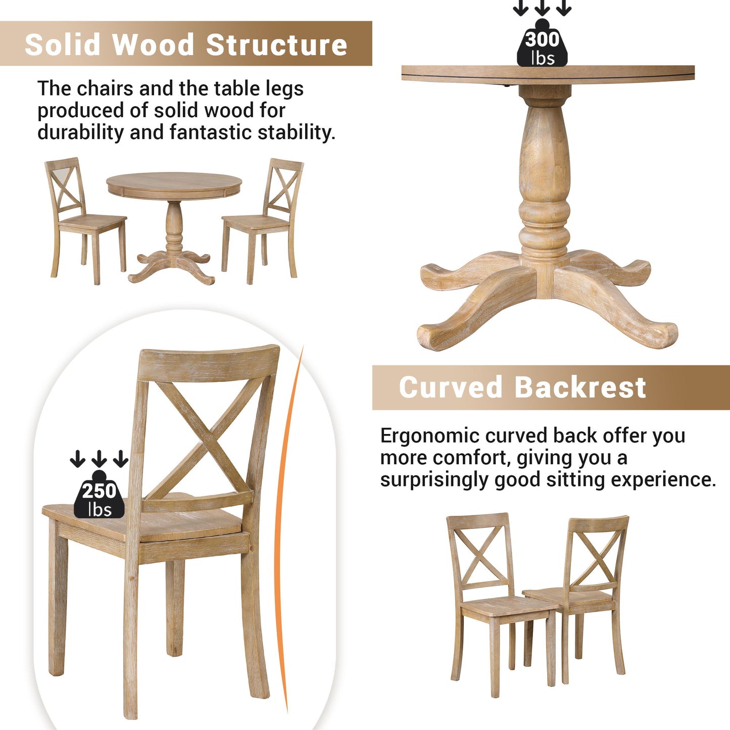 Modern Dining Table Set For 4, Round Table And 4 Kitchen Room Chairs, 5 Piece Kitchen Table Set For Dining Room, Dinette, Breakfast Nook - Natural Wood Wash