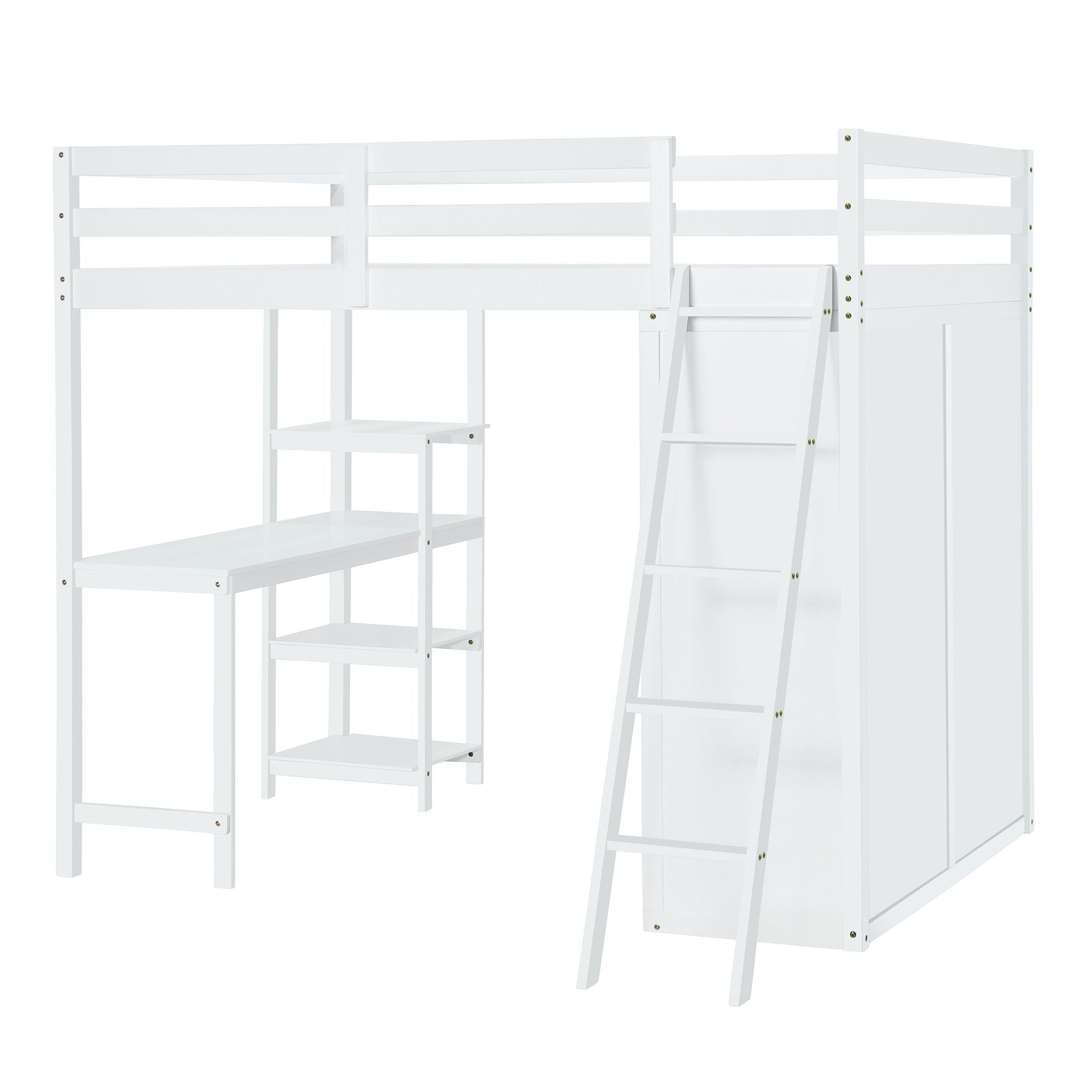 Full Size Loft Bed With Wardrobe And Desk And Shelves - White