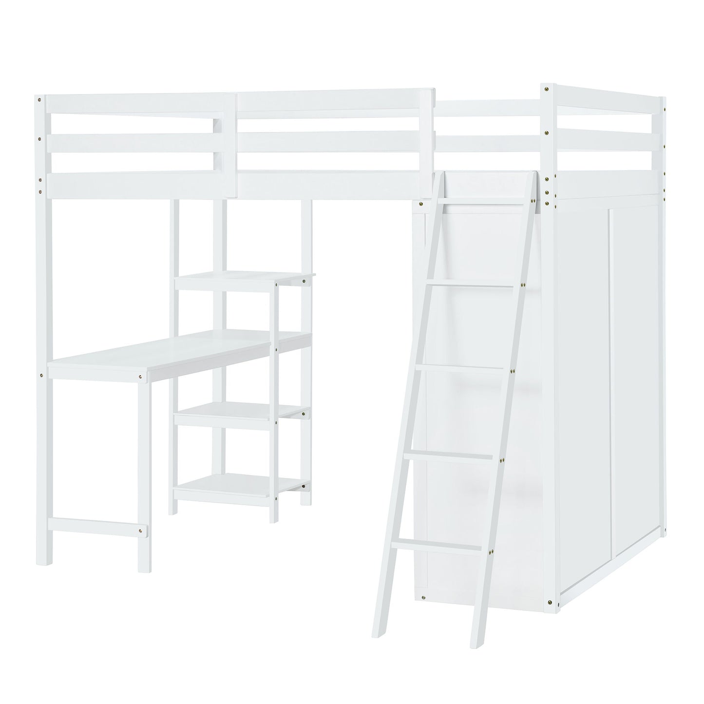 Full Size Loft Bed With Wardrobe And Desk And Shelves - White