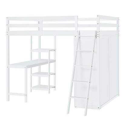 Full Size Loft Bed With Wardrobe And Desk And Shelves - White