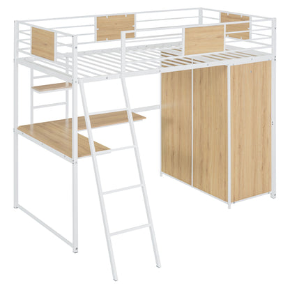 Twin Size Loft Bed With L Shape Desk And Wardrobe - White