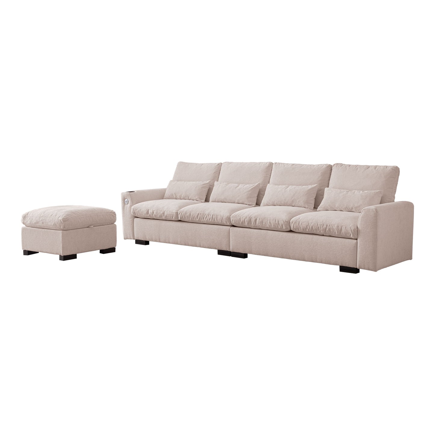 Modern Modular L Shaped Chenille Sofa Couch Reversible Ottoman With Storage Removable And Washable Cushions Sofa With USB Ports & Cup Holder For Living Room - Beige