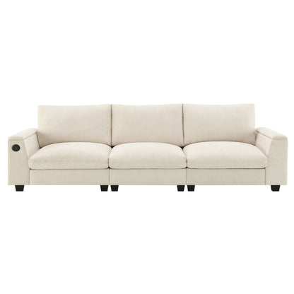 Sectional With Bluetooth Speaker Comfy Cloud Couch Set With Drop Down Table Cup Holders, USB Charger Storage Armrest Wide Seat Sofa - Beige