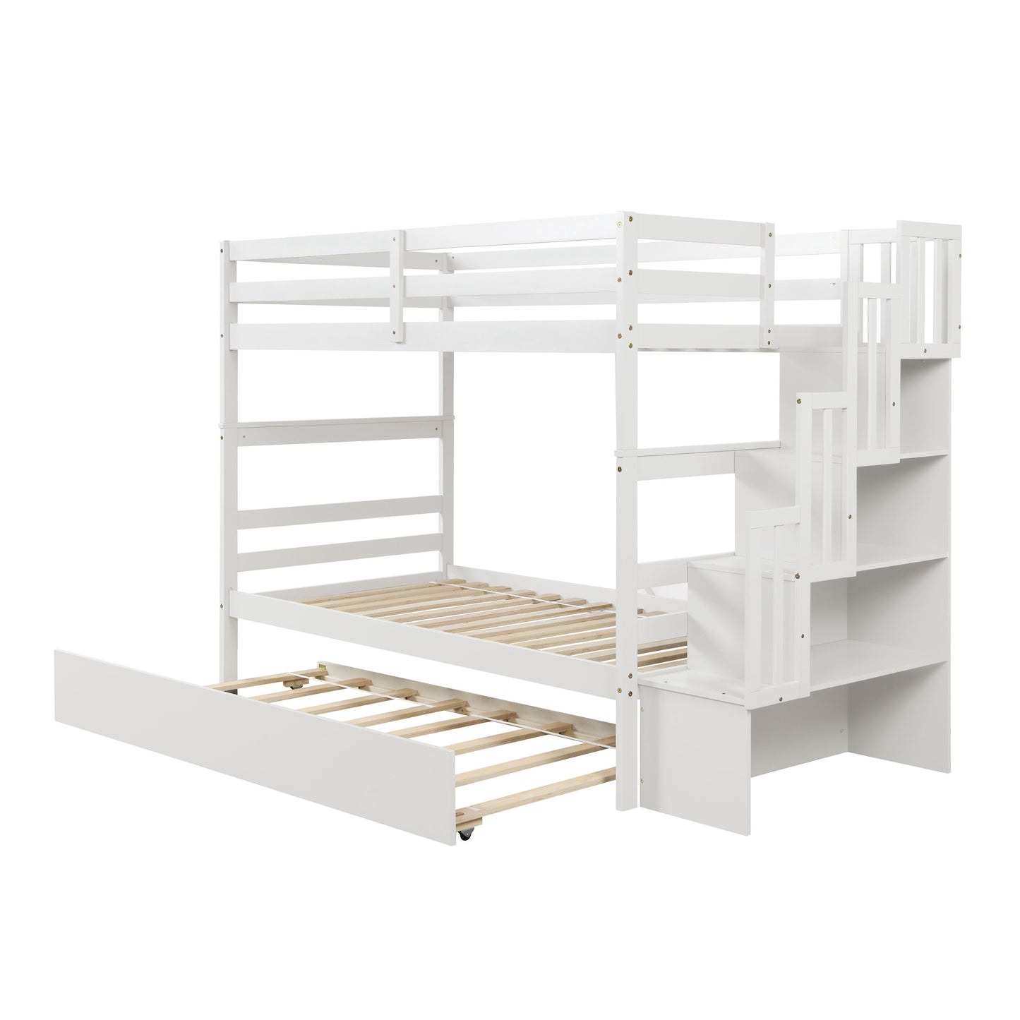 Twin Over Twin Bunk Beds With Twin Trundle And Stairway Storage Function - White