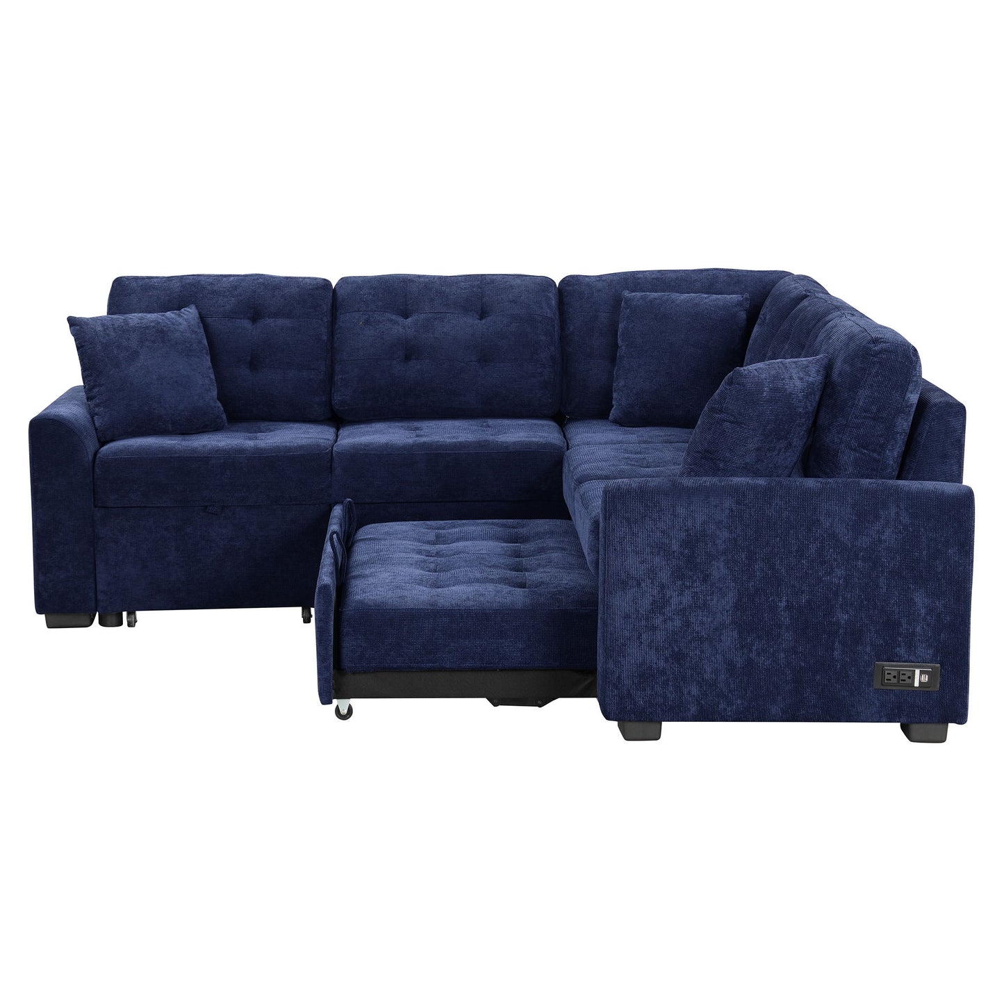 L-Shape Sofa Bed Pull-Out Sleeper Sofa With Wheels, USB Ports, Power Sockets For Living Room - Navy Blue