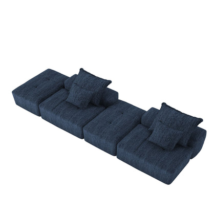 Modern Oversized Modular Sectional Sofa With 2 Ottoman And 2 Seat, Sparkling Chenille Fabric Soft Cushion Sofa With 4 Pillows, 4 Pieces Diy Combination Tufted Sofa, No Assembly Required - Blue