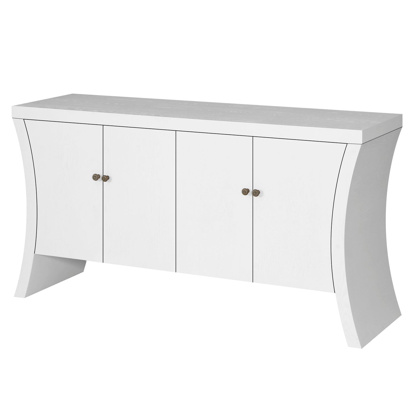 Refined Industrial 4 Door Credenza With Wooden Arc Legs & Bronze Clasps, Advanced Storage Design - White