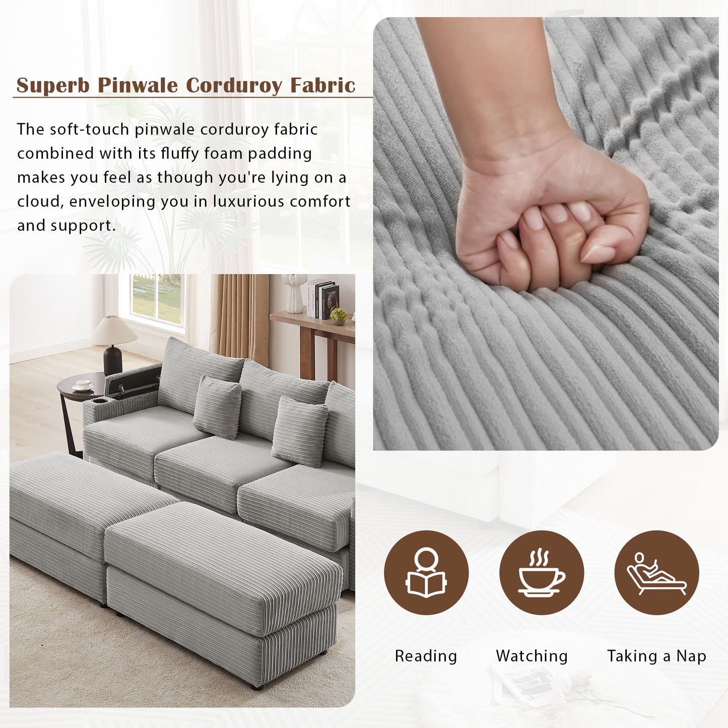 Modern Style 3 - Seater Sofa Sectional Sofa Couch With Storage Space, Two Movable Ottomans, Two USB Ports, Two Cup Holders, A Phone Holder For Living Room - Gray