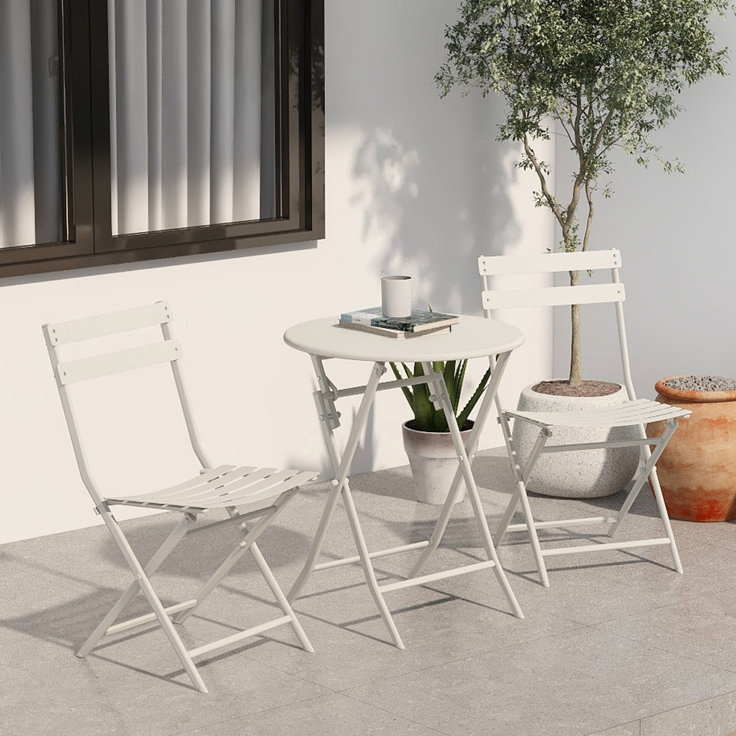 3 Piece Patio Bistro Set Of Foldable Round Table And Chairs - White